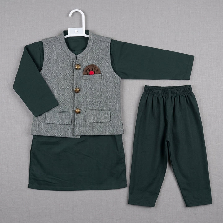 Boys Waistcoat Kurta Shalwar Set – Bottle Green & Grey Traditional Wear