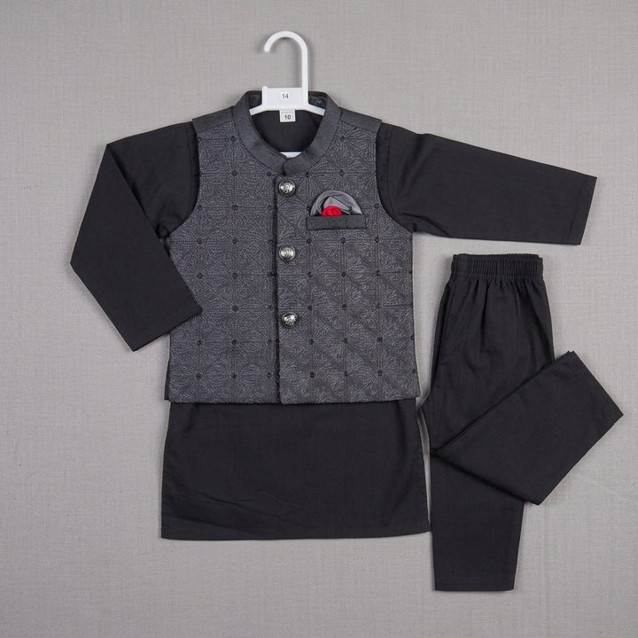 Boys Waistcoat Kurta Shalwar Set – Black & Charcoal Grey Traditional Wear