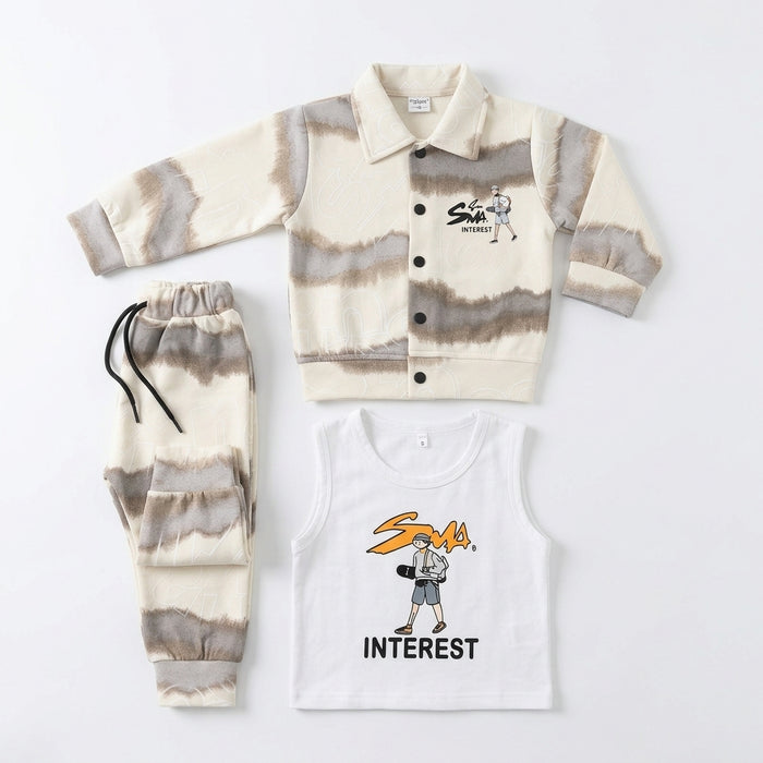 Boys 3-Piece Tie-Dye Jacket, Tank Top & Jogger Set – Beige & Brown "Interest" Print