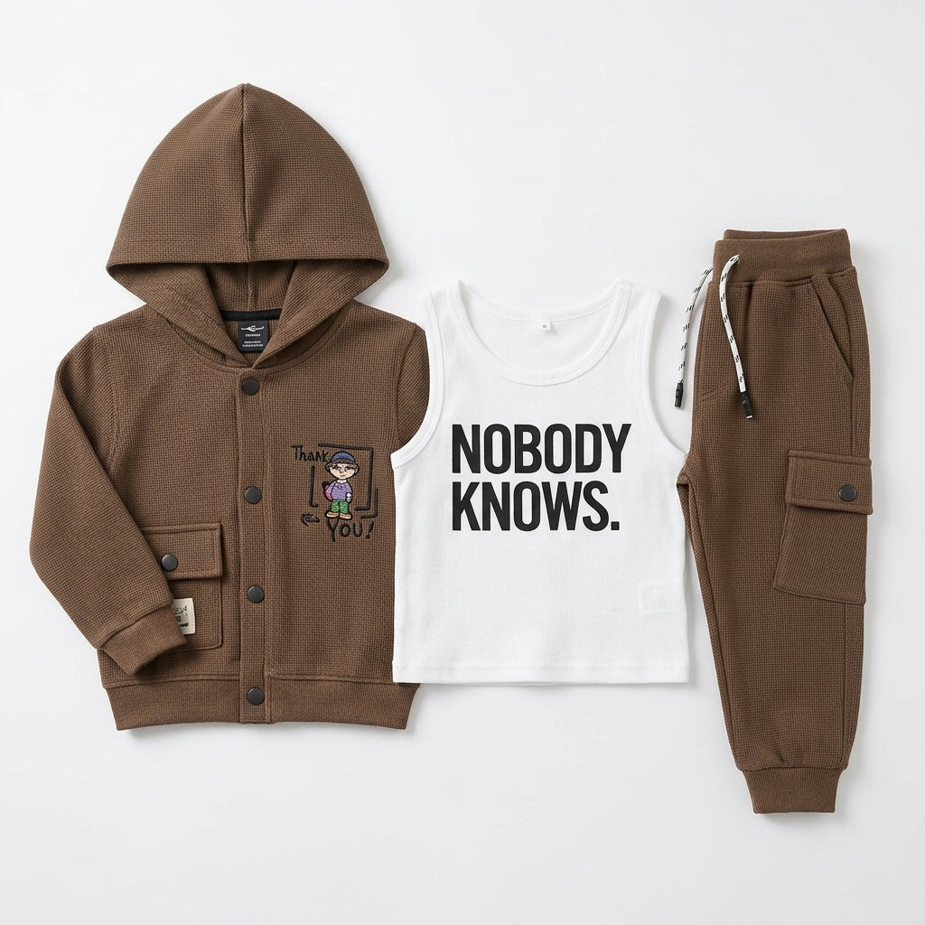 Boys 3-Piece Hooded Jacket, Tank Top & Jogger Set – Olive Brown "Nobody Knows" Print