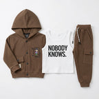 Boys 3-Piece Hooded Jacket, Tank Top & Jogger Set – Olive Brown "Nobody Knows" Print