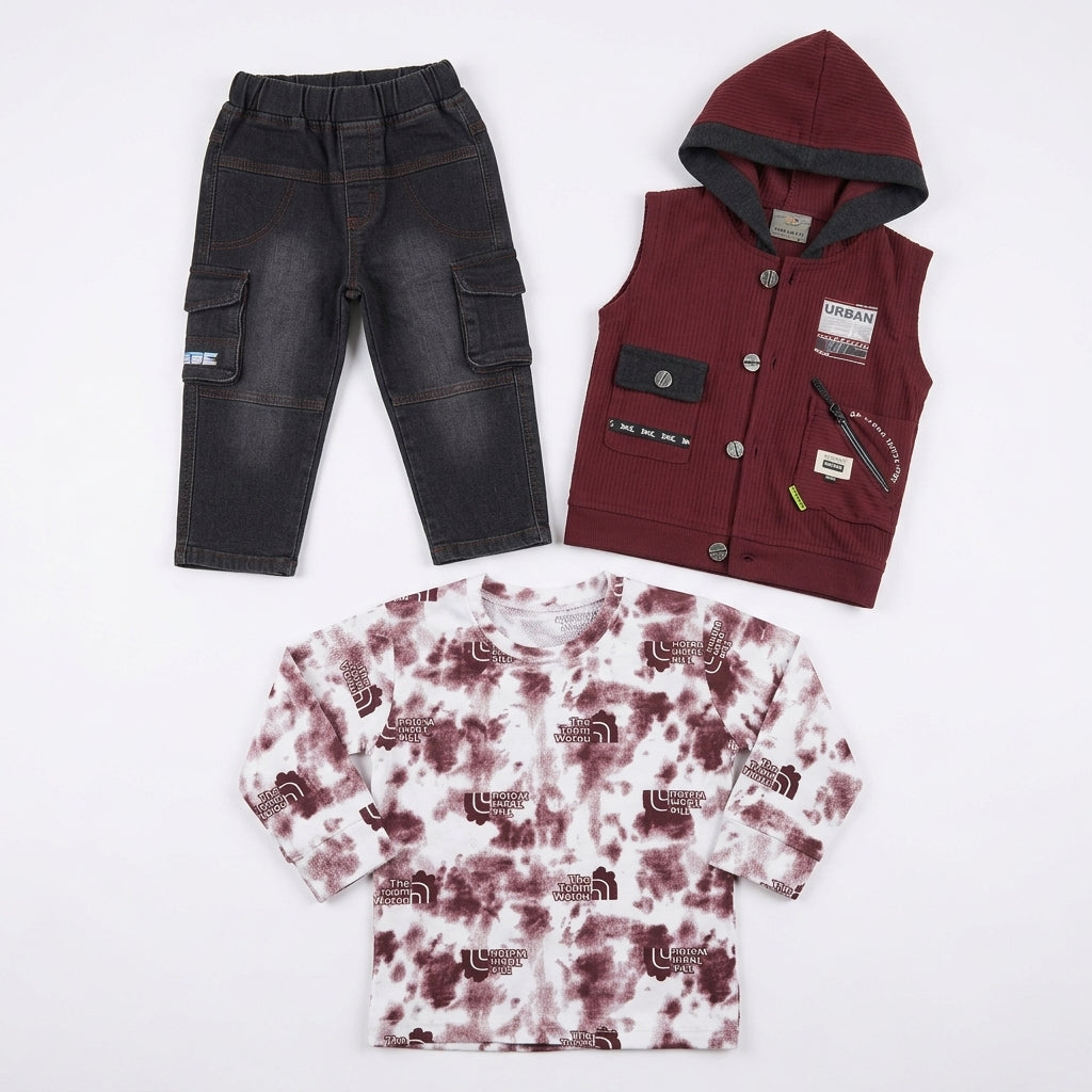 Boys 3-Piece Hooded Vest, Tie-Dye Top & Cargo Pants Set – Maroon & Black "Urban" Print