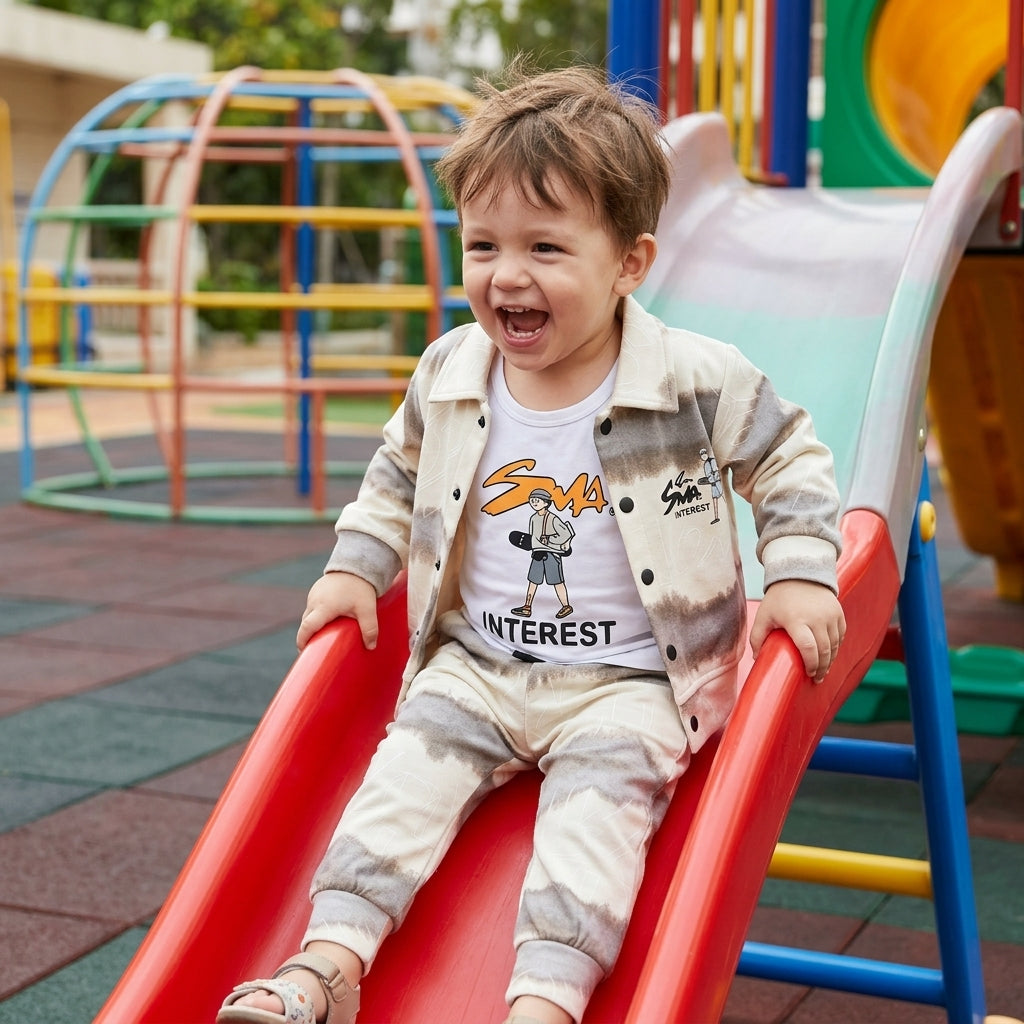 Boys 3-Piece Tie-Dye Jacket, Tank Top & Jogger Set – Beige & Brown "Interest" Print
