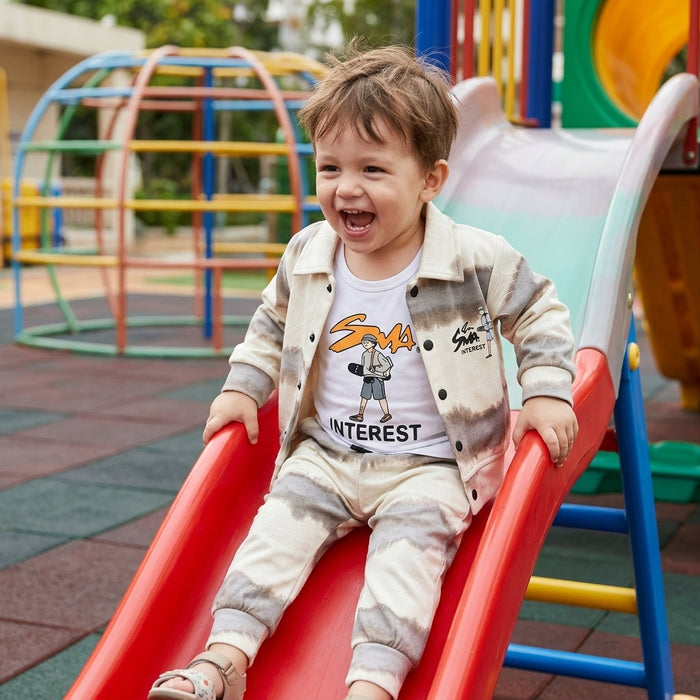 Boys 3-Piece Tie-Dye Jacket, Tank Top & Jogger Set – Beige & Brown "Interest" Print
