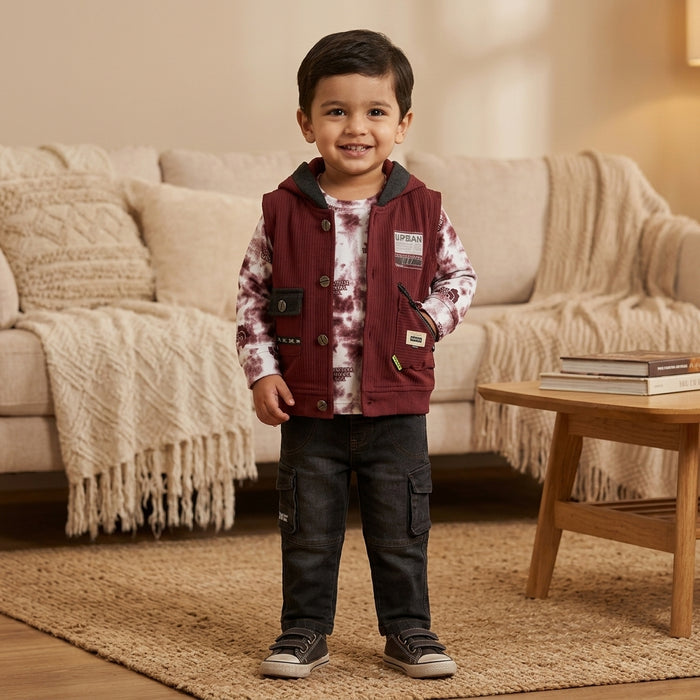 Boys 3-Piece Hooded Vest, Tie-Dye Top & Cargo Pants Set – Maroon & Black "Urban" Print