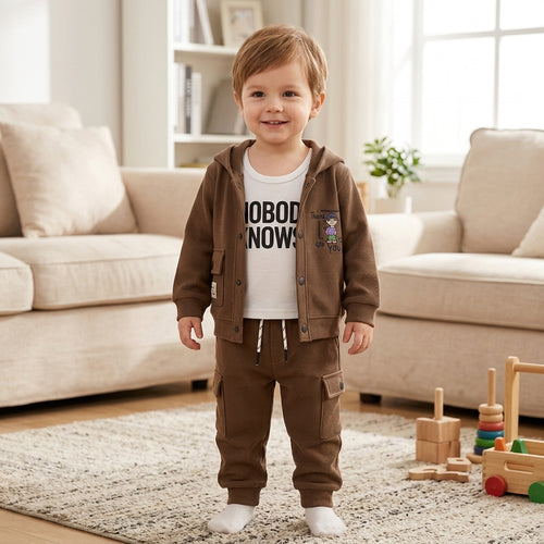 Boys 3-Piece Hooded Jacket, Tank Top & Jogger Set – Olive Brown "Nobody Knows" Print