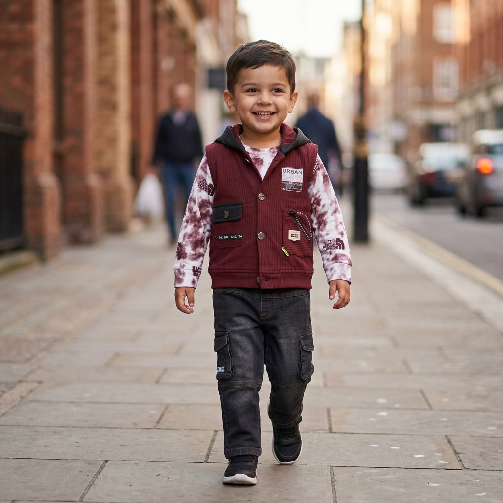 Boys 3-Piece Hooded Vest, Tie-Dye Top & Cargo Pants Set – Maroon & Black "Urban" Print