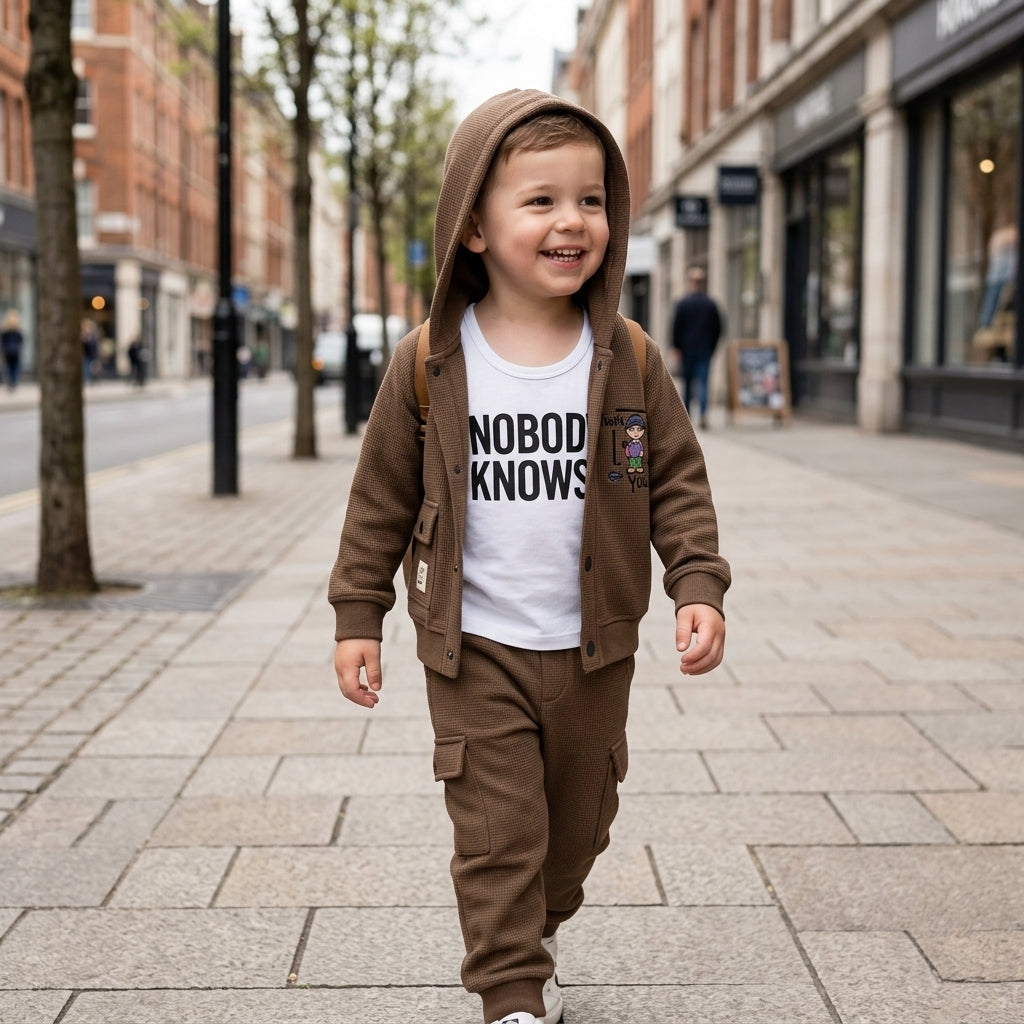 Boys 3-Piece Hooded Jacket, Tank Top & Jogger Set – Olive Brown "Nobody Knows" Print