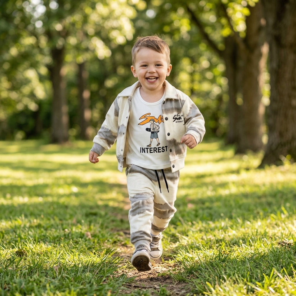Boys 3-Piece Tie-Dye Jacket, Tank Top & Jogger Set – Beige & Brown "Interest" Print