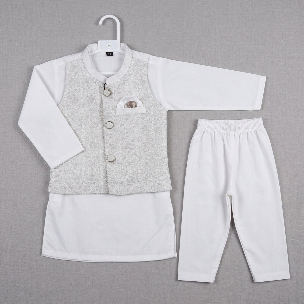 Boys Waistcoat Kurta Shalwar Set – White & Silver Embroidered Traditional Wear