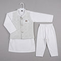 Boys Waistcoat Kurta Shalwar Set – White & Silver Embroidered Traditional Wear