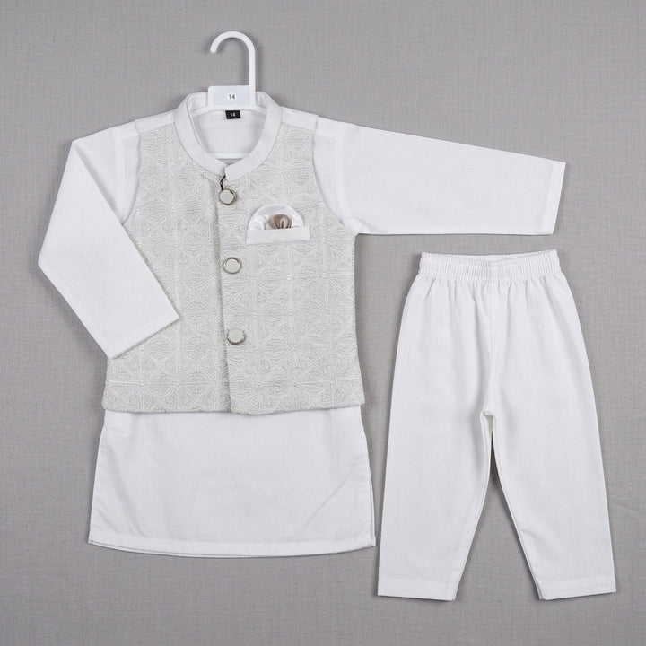 Boys Waistcoat Kurta Shalwar Set – White & Silver Embroidered Traditional Wear