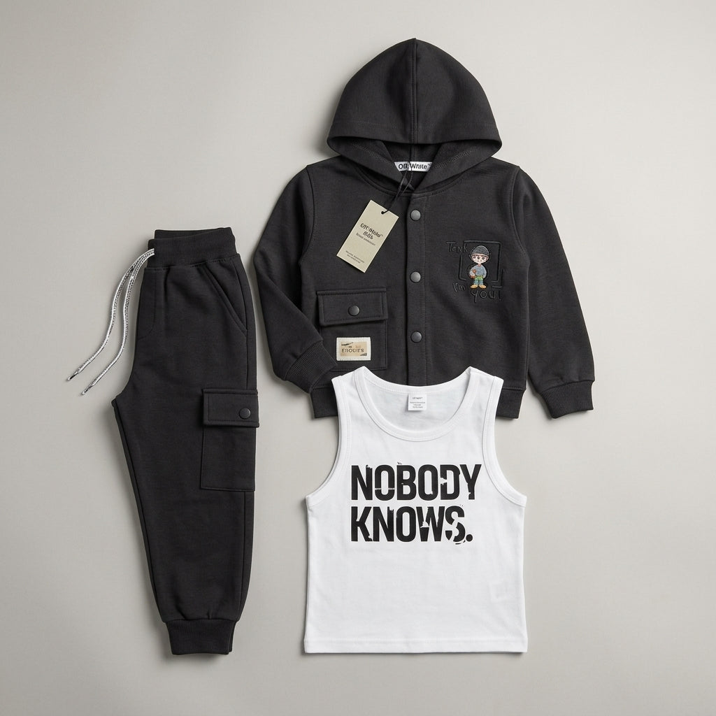 Boys 3-Piece Hooded Jacket, Tank Top & Jogger Set – Charcoal Black "Nobody Knows" Print