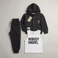Boys 3-Piece Hooded Jacket, Tank Top & Jogger Set – Charcoal Black "Nobody Knows" Print