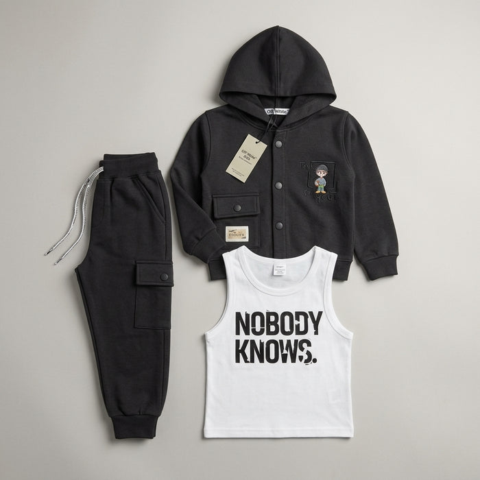 Boys 3-Piece Hooded Jacket, Tank Top & Jogger Set – Charcoal Black "Nobody Knows" Print