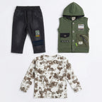 Boys 3-Piece Hooded Vest, Tie-Dye Top & Cargo Pants Set – Olive Green & Black "Urban" Print