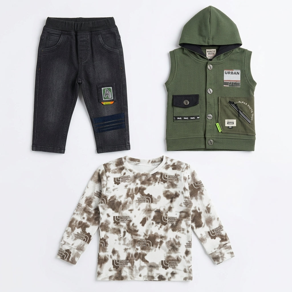 Boys 3-Piece Hooded Vest, Tie-Dye Top & Cargo Pants Set – Olive Green & Black "Urban" Print