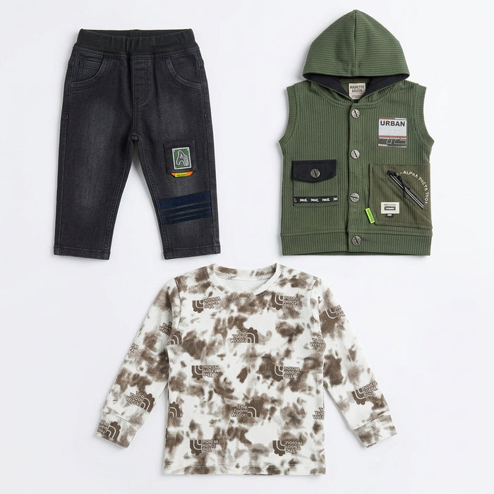 Boys 3-Piece Hooded Vest, Tie-Dye Top & Cargo Pants Set – Olive Green & Black "Urban" Print