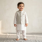 Boys Waistcoat Kurta Shalwar Set – White & Silver Embroidered Traditional Wear