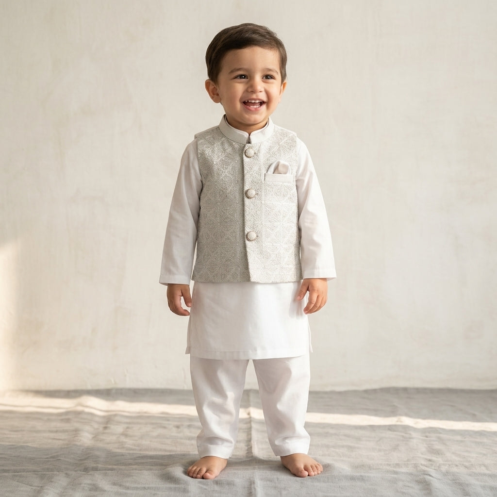 Boys Waistcoat Kurta Shalwar Set – White & Silver Embroidered Traditional Wear