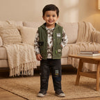 Boys 3-Piece Hooded Vest, Tie-Dye Top & Cargo Pants Set – Olive Green & Black "Urban" Print