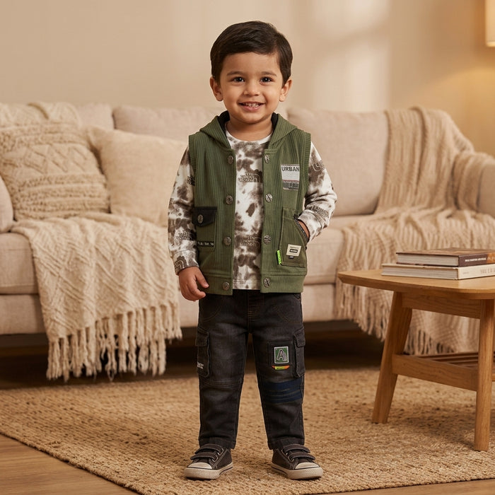 Boys 3-Piece Hooded Vest, Tie-Dye Top & Cargo Pants Set – Olive Green & Black "Urban" Print
