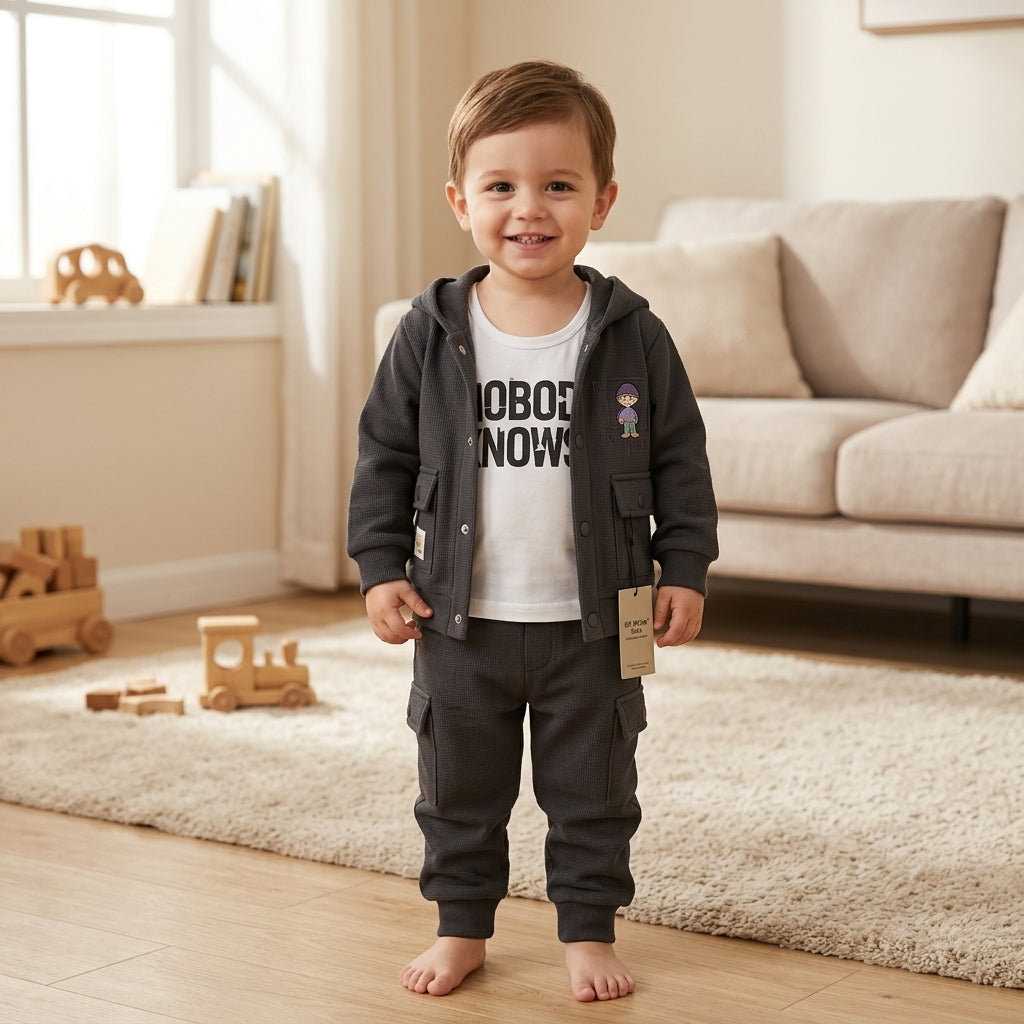 Boys 3-Piece Hooded Jacket, Tank Top & Jogger Set – Charcoal Black "Nobody Knows" Print