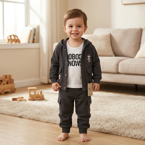 Boys 3-Piece Hooded Jacket, Tank Top & Jogger Set – Charcoal Black "Nobody Knows" Print