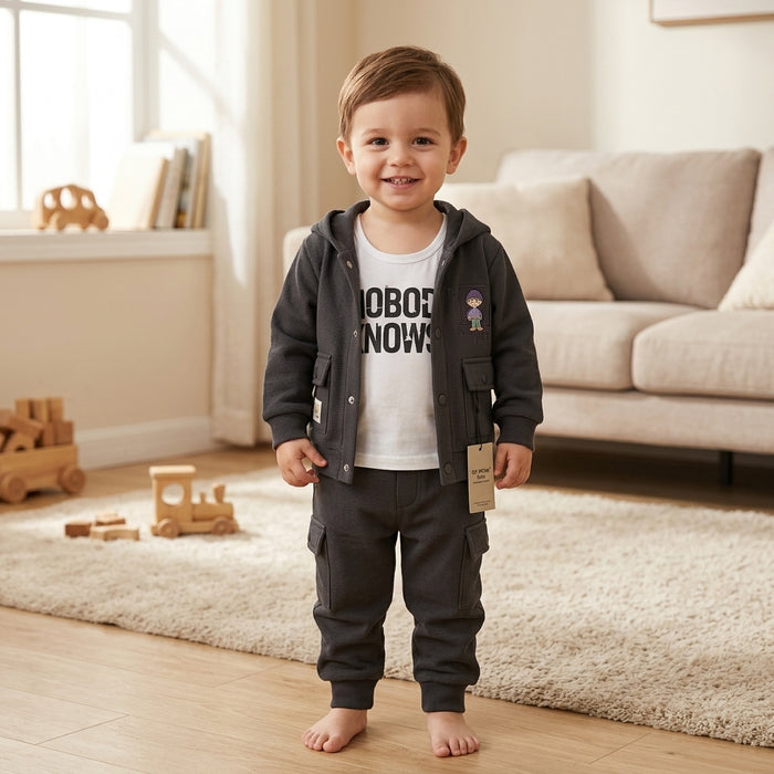 Boys 3-Piece Hooded Jacket, Tank Top & Jogger Set – Charcoal Black "Nobody Knows" Print