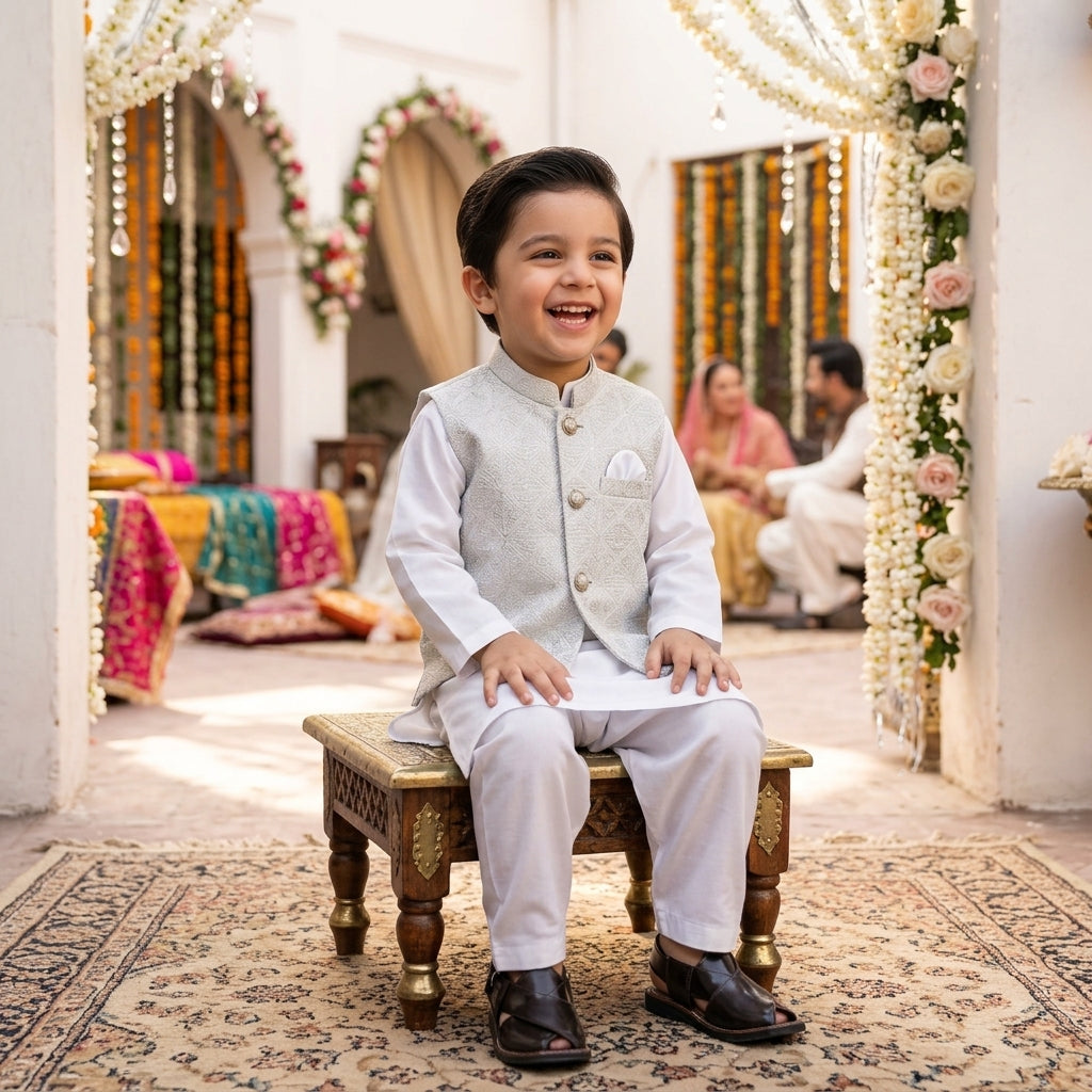 Boys Waistcoat Kurta Shalwar Set – White & Silver Embroidered Traditional Wear