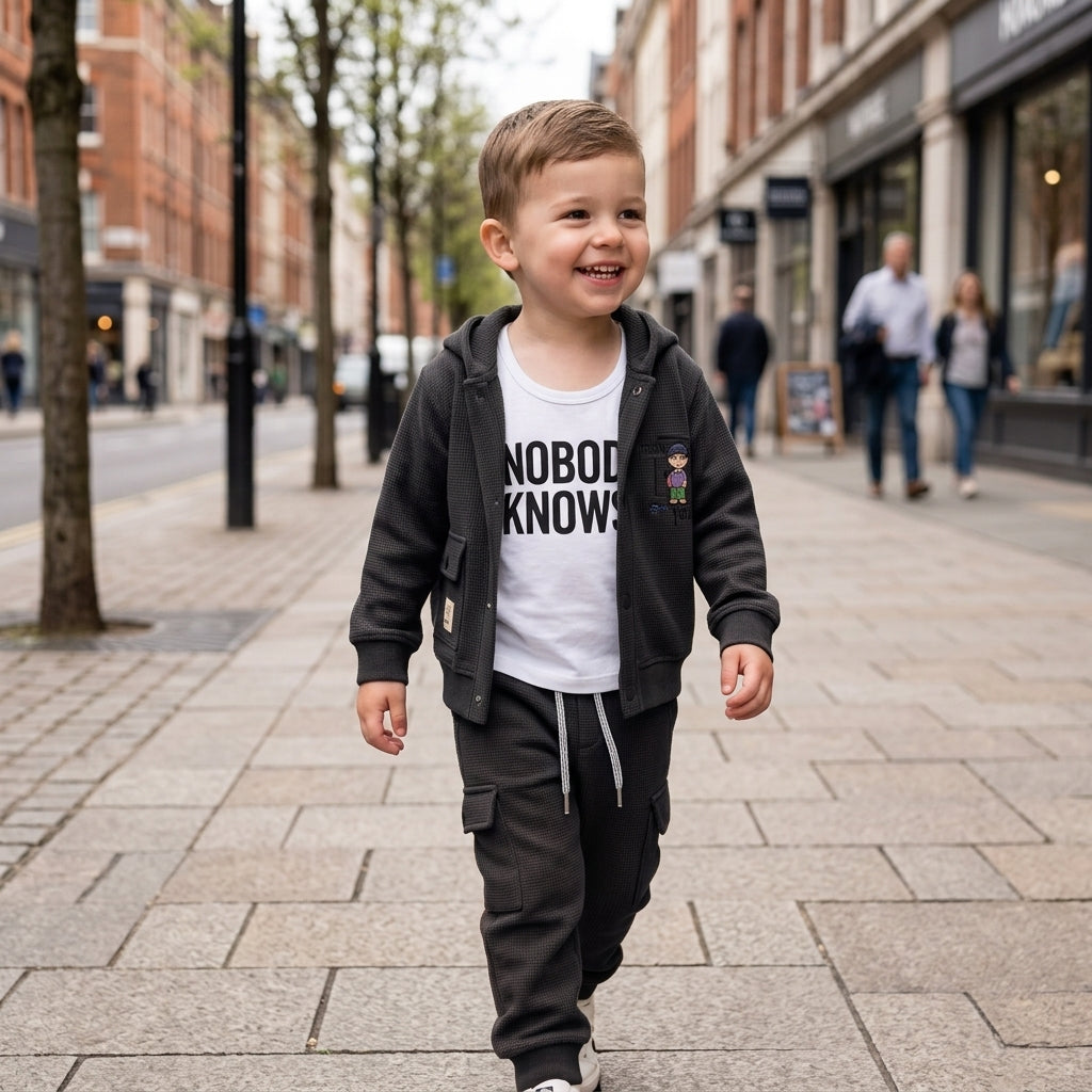 Boys 3-Piece Hooded Jacket, Tank Top & Jogger Set – Charcoal Black "Nobody Knows" Print