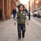 Boys 3-Piece Hooded Vest, Tie-Dye Top & Cargo Pants Set – Olive Green & Black "Urban" Print
