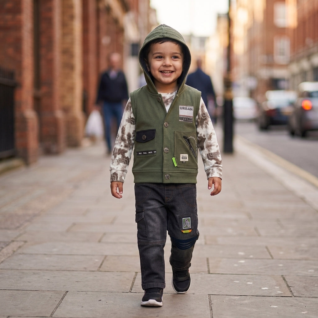 Boys 3-Piece Hooded Vest, Tie-Dye Top & Cargo Pants Set – Olive Green & Black "Urban" Print