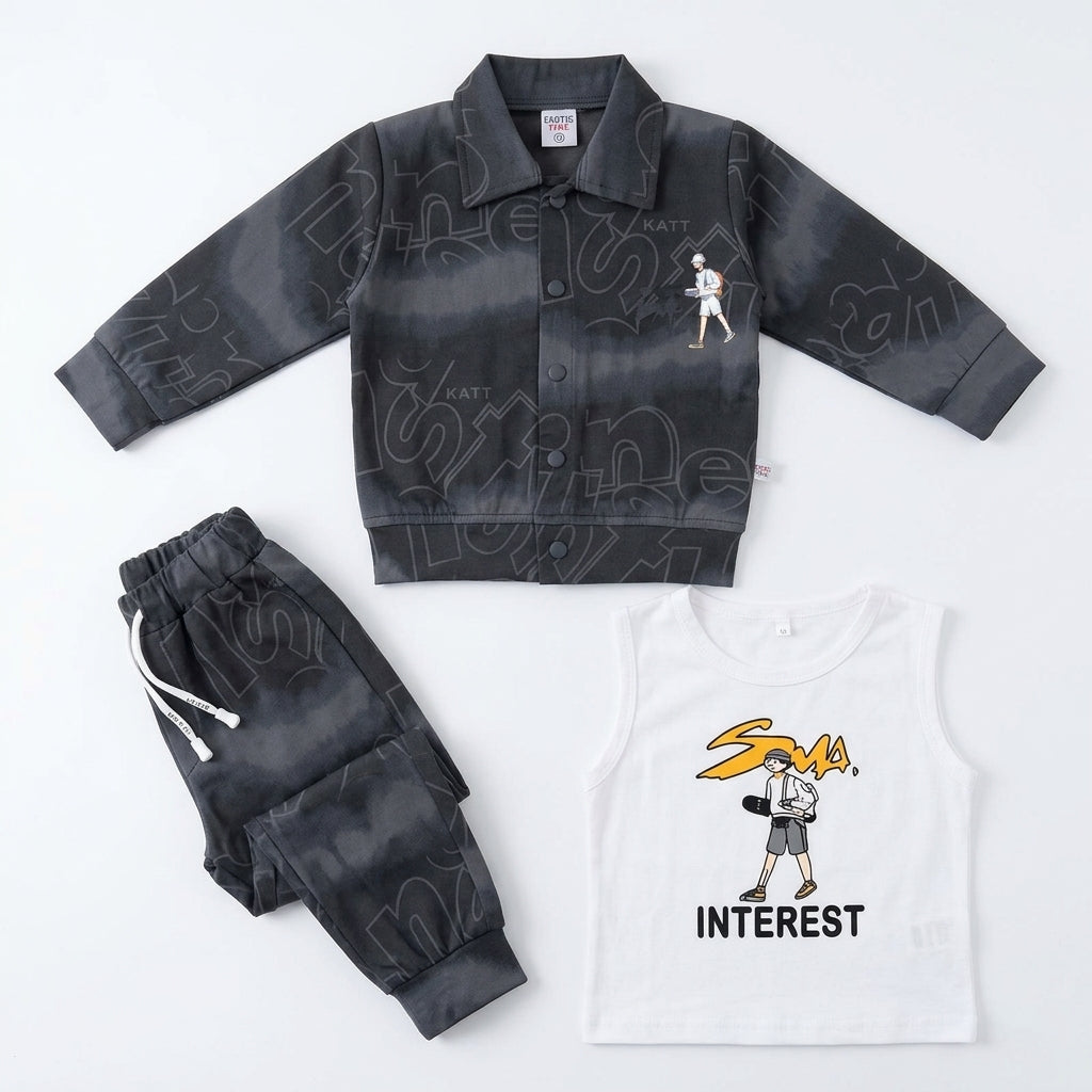 Boys 3-Piece Printed Jacket, Tank Top & Jogger Set – Charcoal Grey "Interest" Print