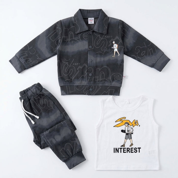 Boys 3-Piece Printed Jacket, Tank Top & Jogger Set – Charcoal Grey "Interest" Print