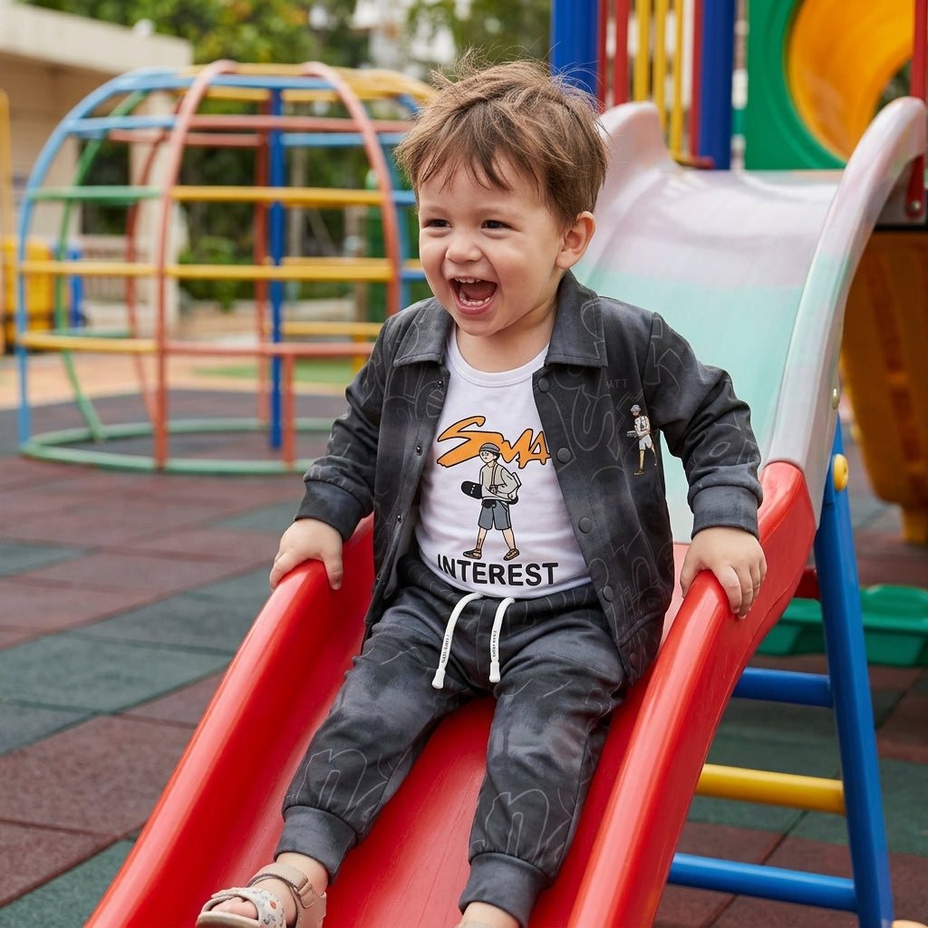 Boys 3-Piece Printed Jacket, Tank Top & Jogger Set – Charcoal Grey "Interest" Print