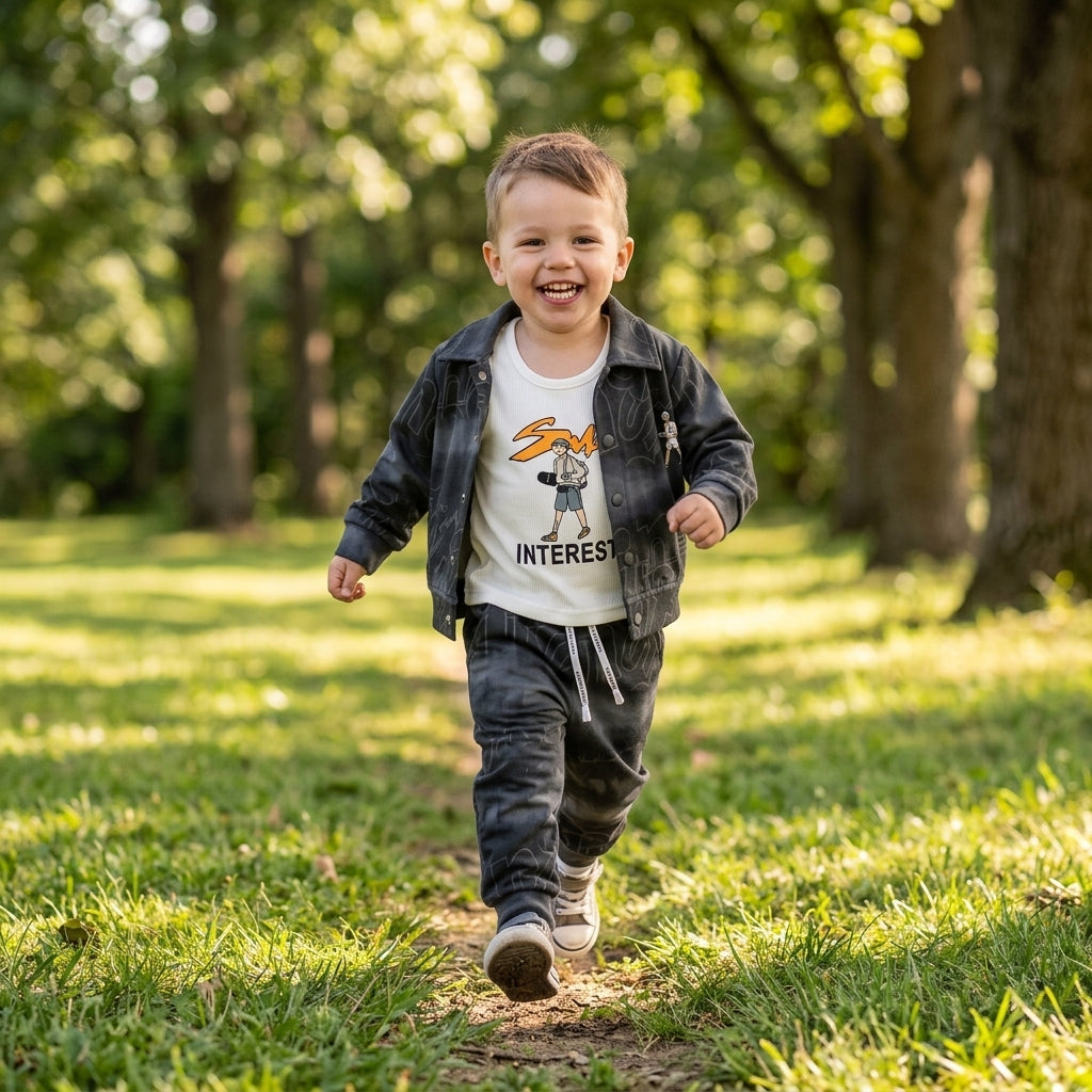 Boys 3-Piece Printed Jacket, Tank Top & Jogger Set – Charcoal Grey "Interest" Print