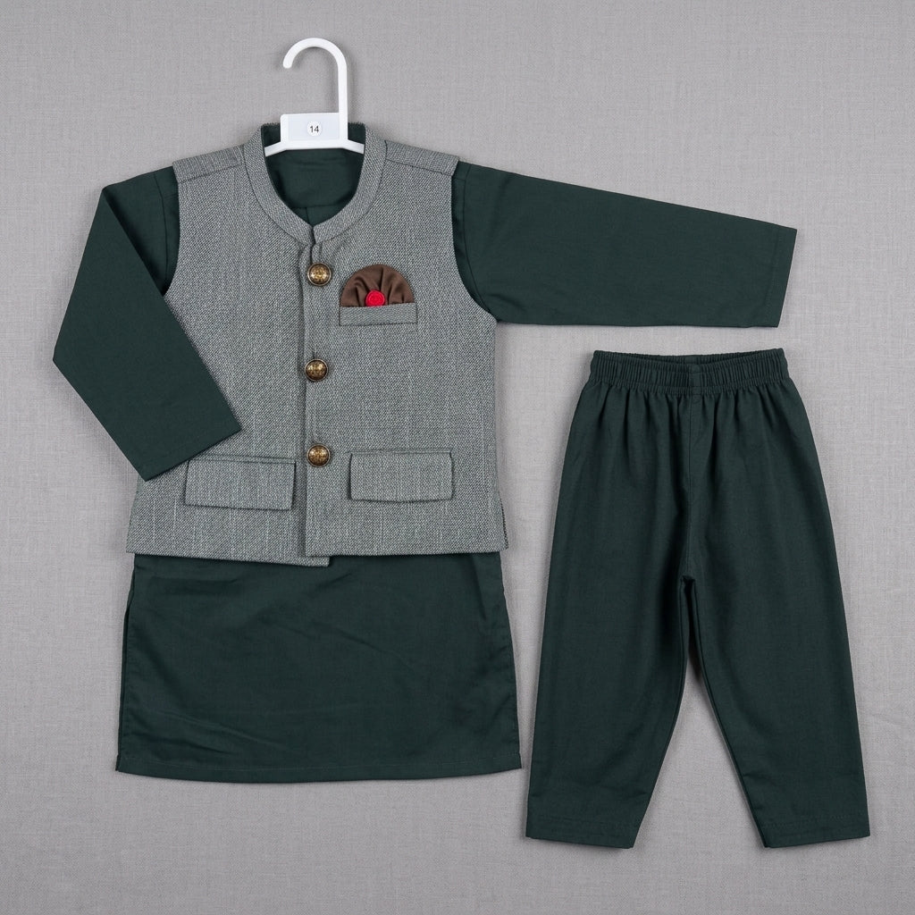 Boys Waistcoat Kurta Shalwar Set – Bottle Green & Grey Traditional Wear