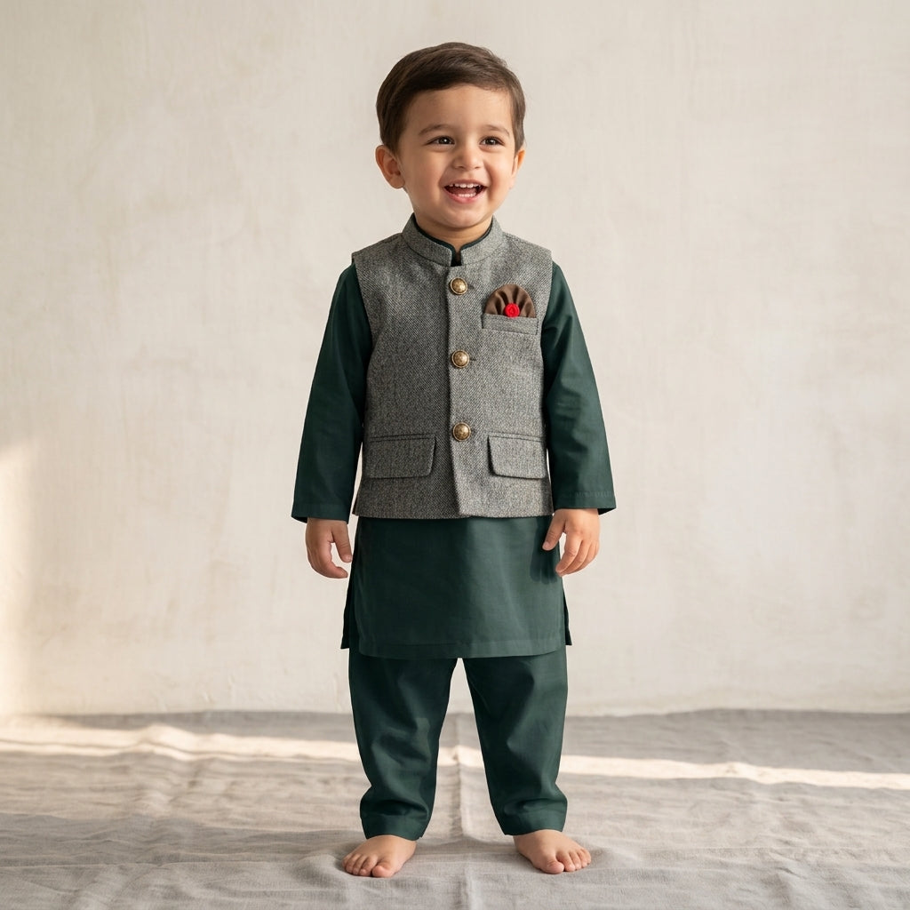 Boys Waistcoat Kurta Shalwar Set – Bottle Green & Grey Traditional Wear