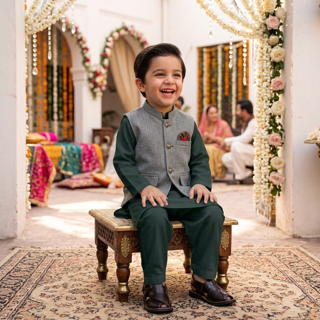 Boys Waistcoat Kurta Shalwar Set – Bottle Green & Grey Traditional Wear