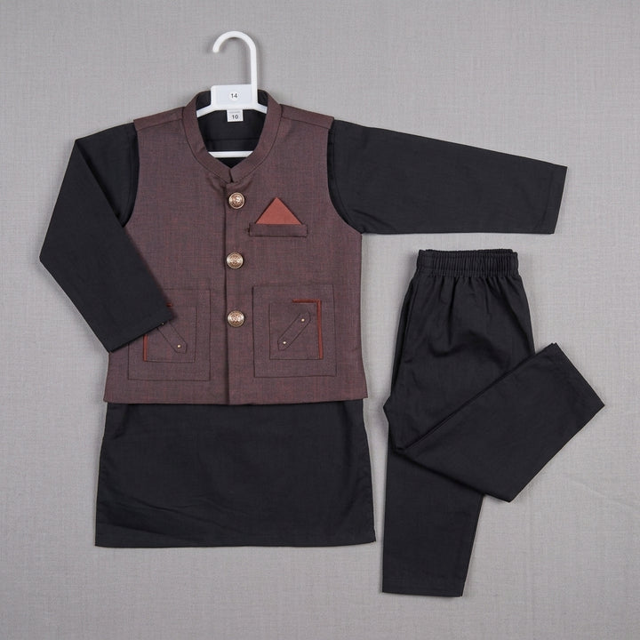 Boys Waistcoat Kurta Shalwar Set – Black & Mauve Traditional Wear