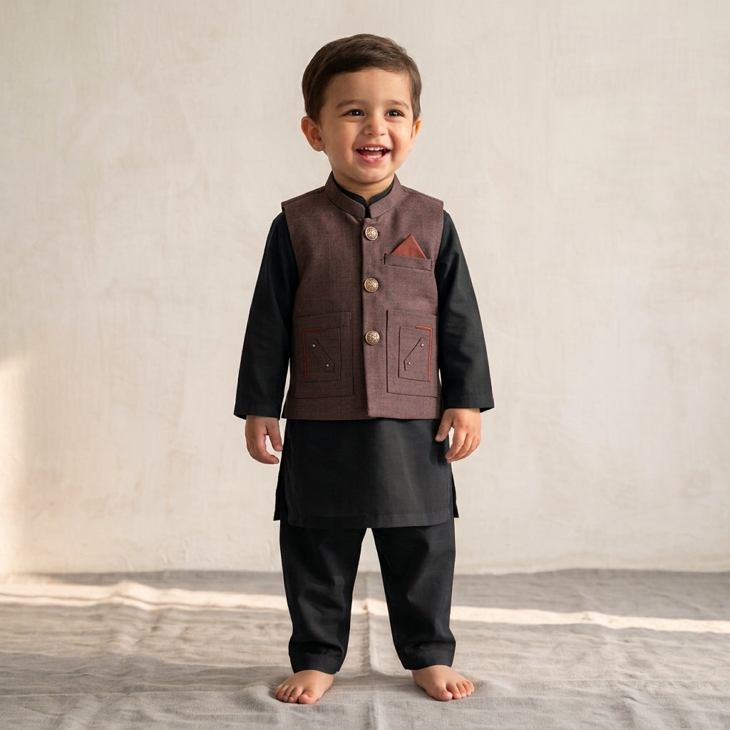 Boys Waistcoat Kurta Shalwar Set – Black & Mauve Traditional Wear