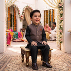 Boys Waistcoat Kurta Shalwar Set – Black & Mauve Traditional Wear