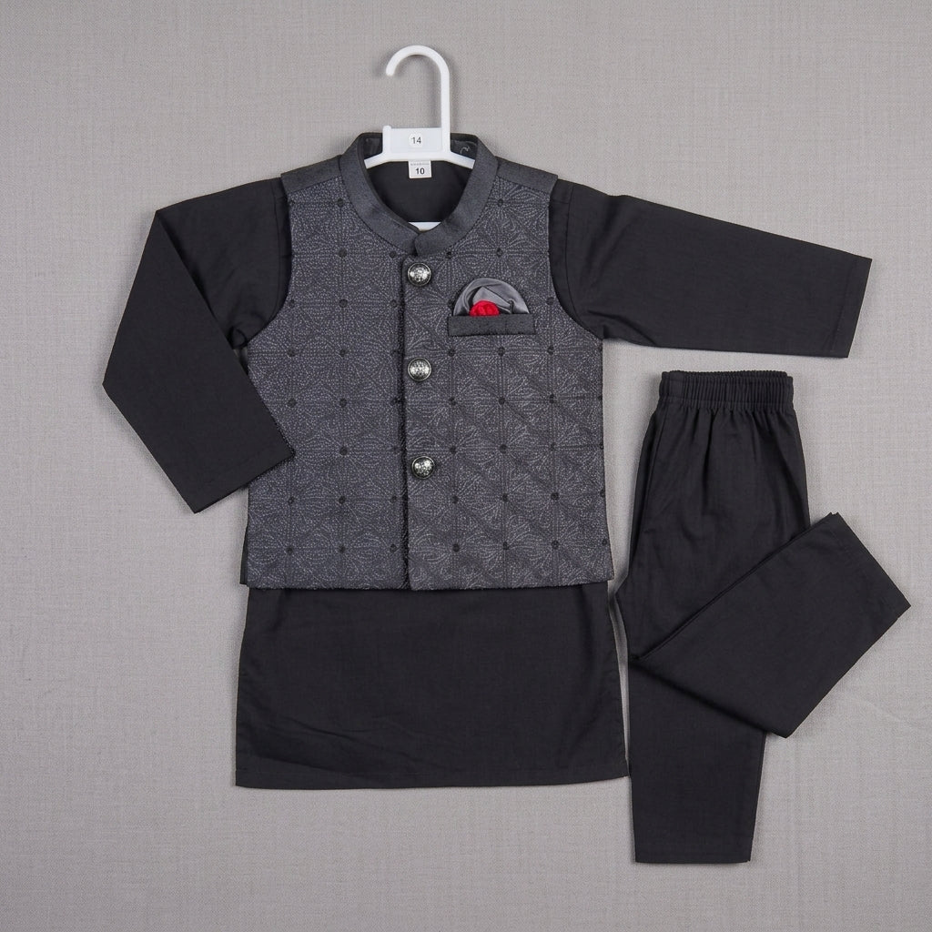 Boys Waistcoat Kurta Shalwar Set – Black & Charcoal Grey Traditional Wear