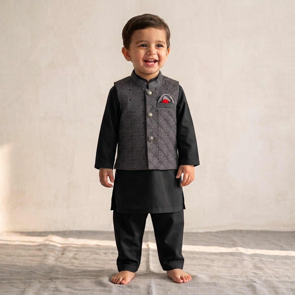 Boys Waistcoat Kurta Shalwar Set – Black & Charcoal Grey Traditional Wear
