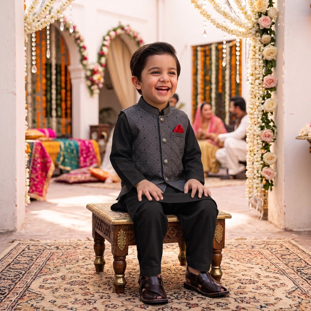Boys Waistcoat Kurta Shalwar Set – Black & Charcoal Grey Traditional Wear
