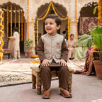 Boys Waistcoat Kurta Shalwar Set – Brown & Beige Traditional Wear