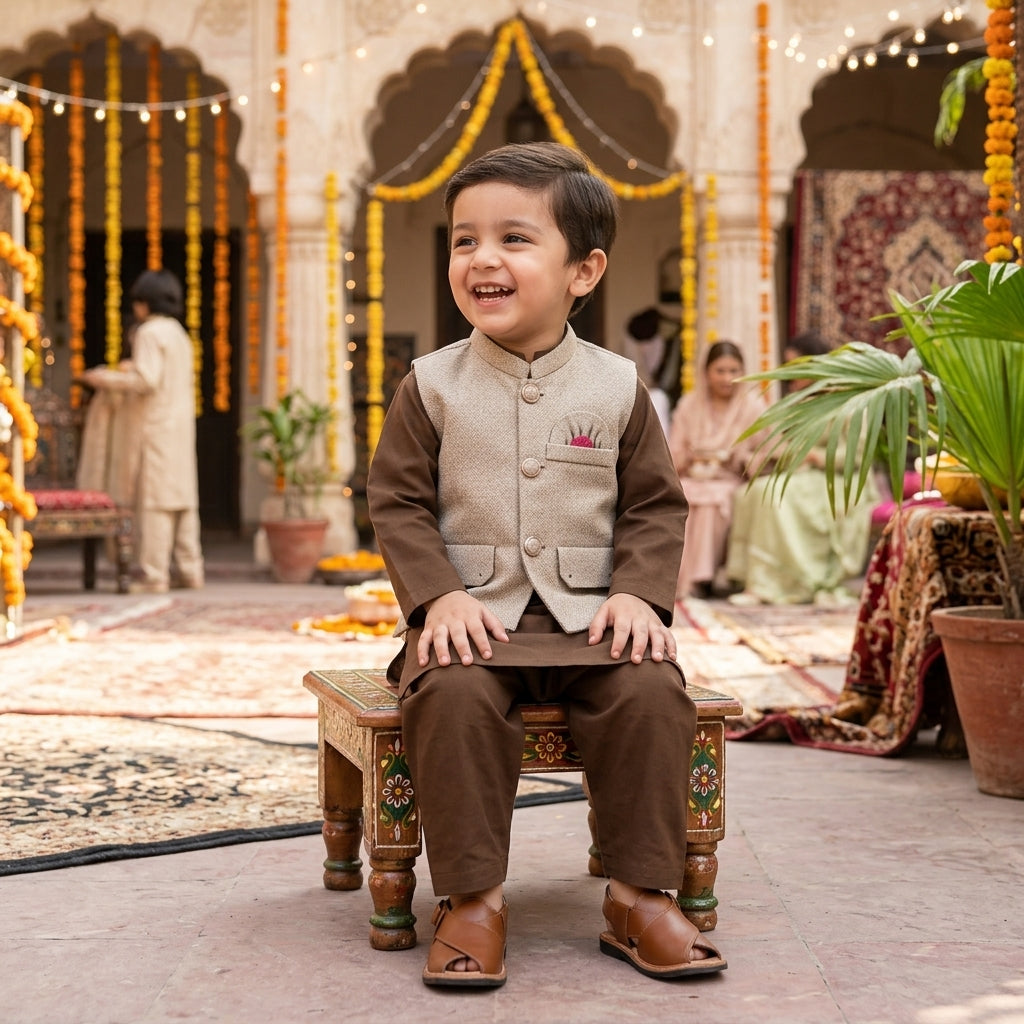 Boys Waistcoat Kurta Shalwar Set – Brown & Beige Traditional Wear