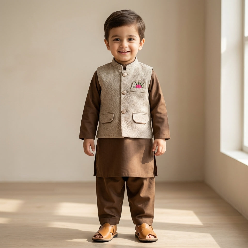 Boys Waistcoat Kurta Shalwar Set – Brown & Beige Traditional Wear
