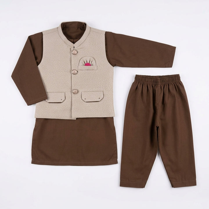 Boys Waistcoat Kurta Shalwar Set – Brown & Beige Traditional Wear